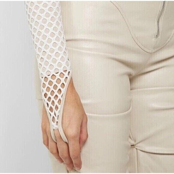 Maniere De Voir Mesh Bodysuit Womens Size 8 White Beige Finger Loop Sexy Top New - Picture 2 of 16